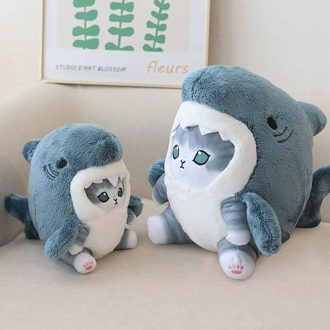Kawaii Shark Cat Plush Toy Stuffed Animal Doll, Cute Soft Pillow Stress Release Hugs Toys Christmas Halloween Birthday Gifts for Kids Boys Girl Best Gift (Blue - Grey,15 inch)