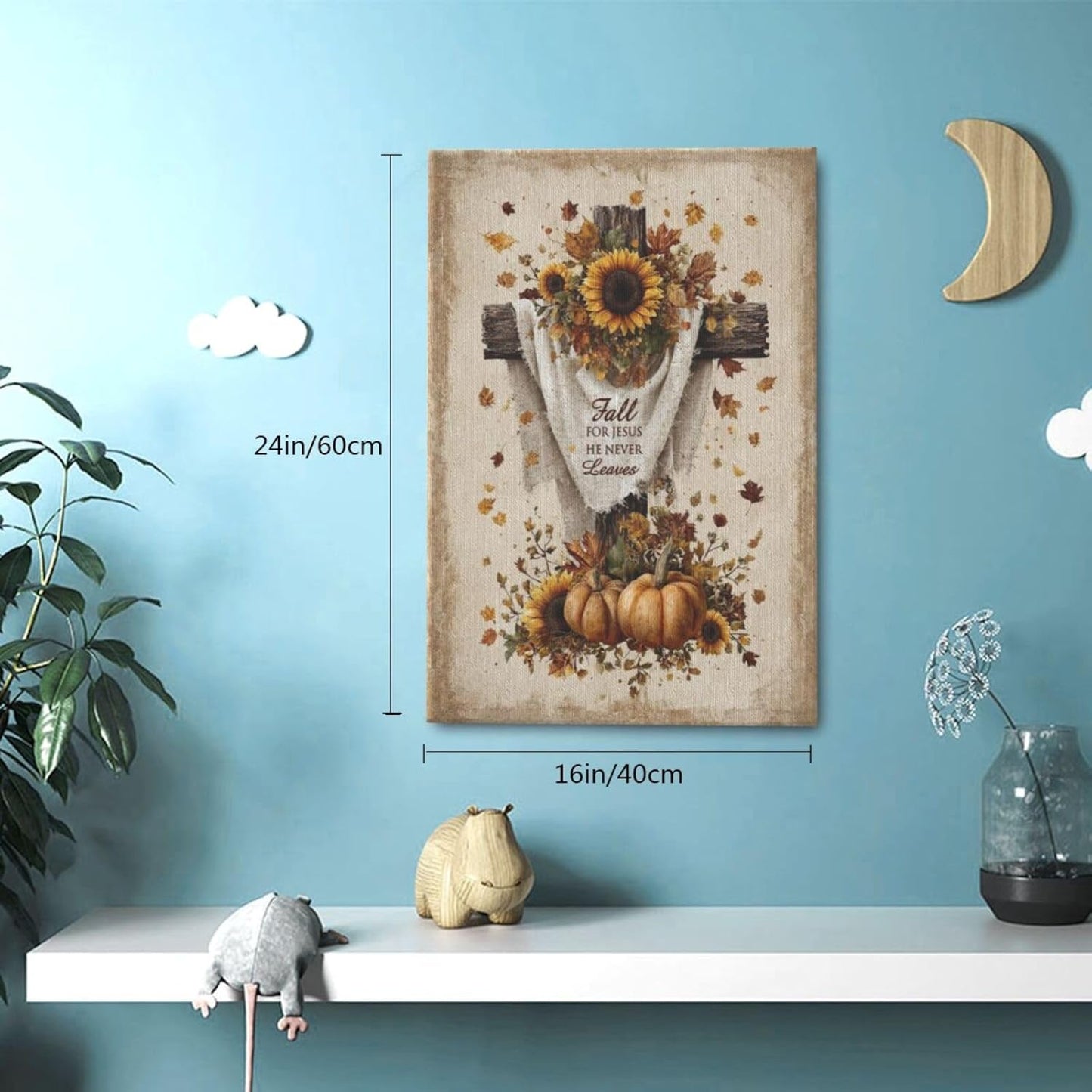 Christian Fall Wall Art Autumn Rustic Cross Sunflower Pumpkin Wall Decor Fall for Jesus He Never Leaves Pictures Painting Print Framed Artwork Decorations Gifts for Living Room Bedroom Prayer Room Office 16"x24"