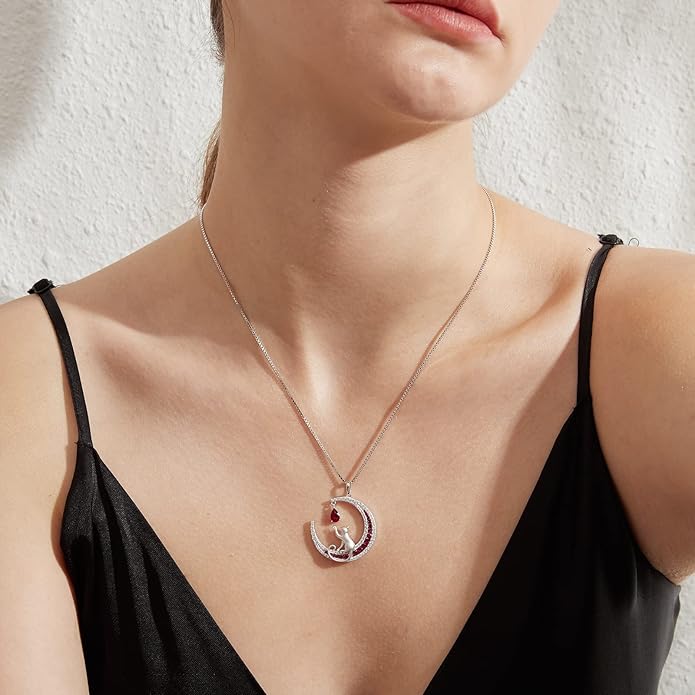 jiamiaoi 18K White Gold Plated Cat Necklace 925 Sterling Silver Diamond Cat Necklace Silver Cat On Moon Necklace for Women Gift for Birthday/Christmas, Come with Gift Box