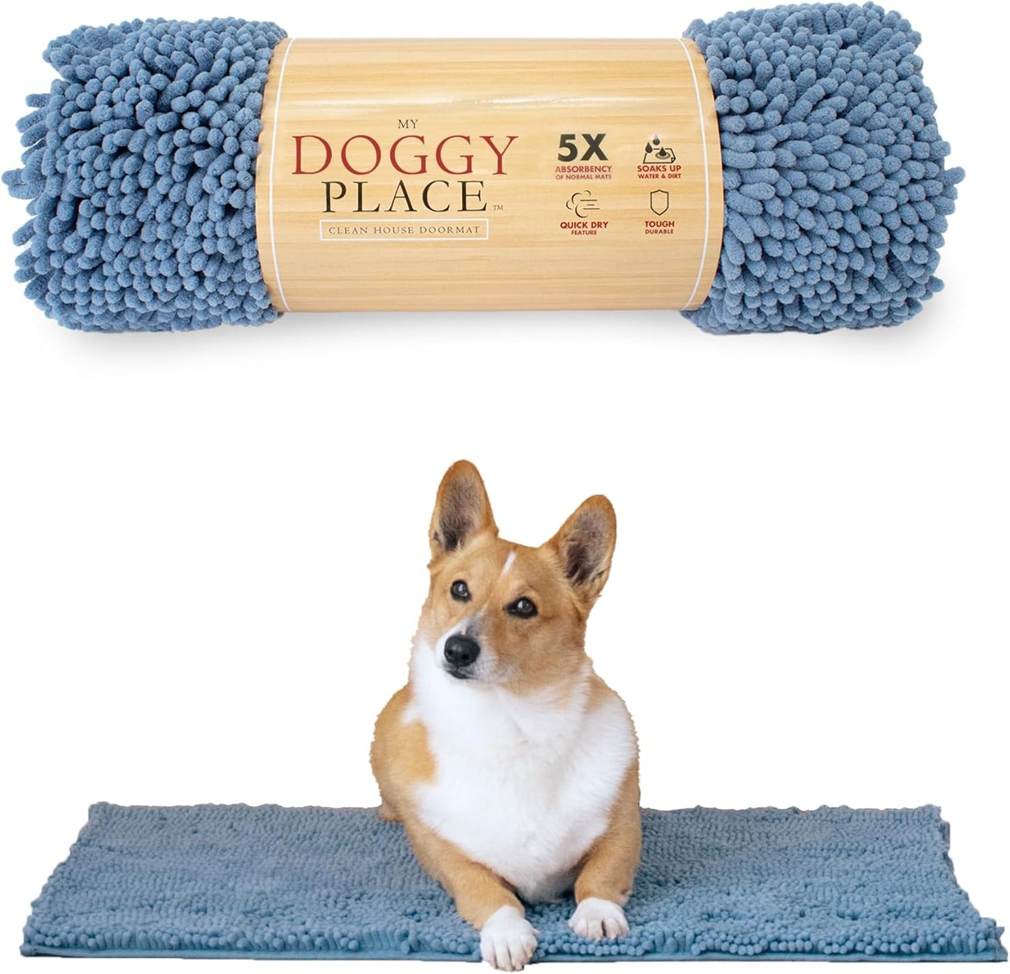 My Doggy Place Medium Faded Denim Microfiber Dog Mat, 31" x 20", Absorbent and Quick-Drying, Non-Slip Rubber Backed, Machine Washable