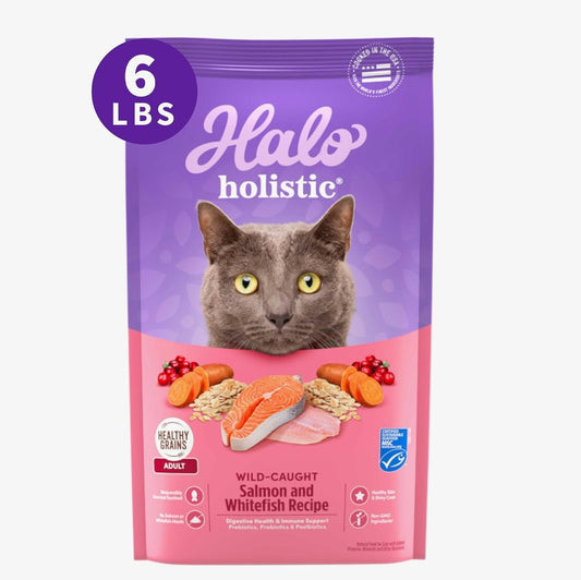 Halo Holistic Cat Food Wild Caught Salmon & Whitefish Formula, Healthy Grains Dry Cat Food, Complete Digestive Health, Kibble for Adult Cats, 6 lb Bag
