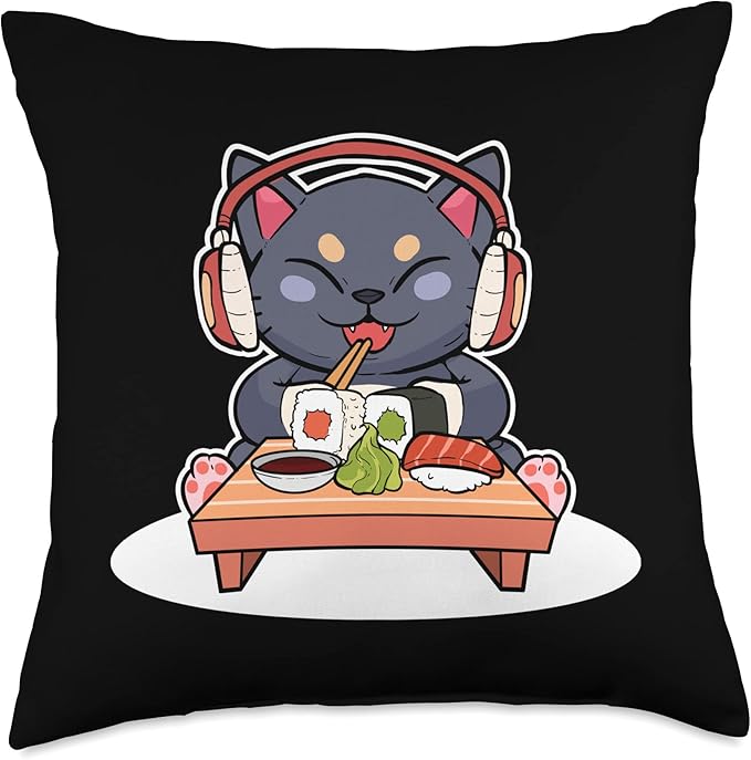 Cute Sushi Cat Anime Figure Japanese Culture Ramen Manga Art Throw Pillow