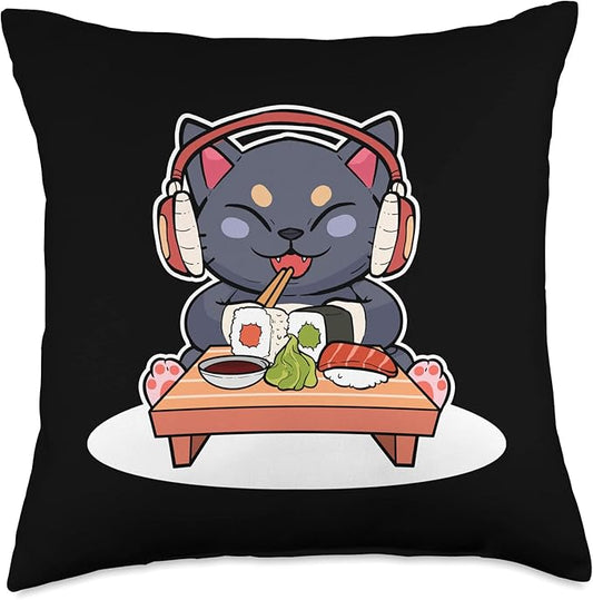 Cute Sushi Cat Anime Figure Japanese Culture Ramen Manga Art Throw Pillow
