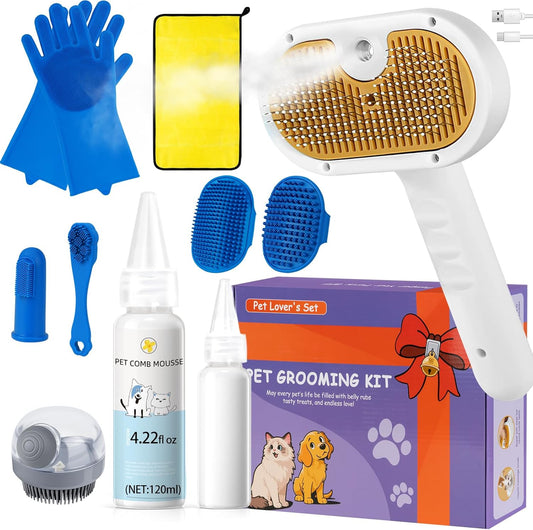3-in-1 Pet Steam Brush Set for Dogs & Cats, Grooming Comb with Spray, Defur Tool, Water-Free Shampoo, Bath Gloves,Bath Brush, Tooth & Ear Brush, Towel (11PCS)