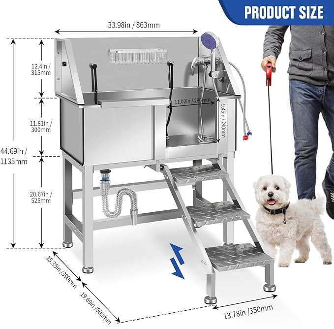 Professional Stainless Steel Dog Bathing Station, Dog Grooming Tub, with Stairs, Floor Grate & Faucet for Dog Bathtub for Large, Medium & Small Pets,34" R-RAMP