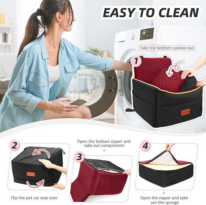 Dog Car Seat for Small Medium Dogs, Memory Foam Puppy Dog Booster Seat with Thick Cushion for Dogs Under 35lbs, Detachable Washable Pet Car Seat Travel Bed with Storage Pockets,2 Safety Belts