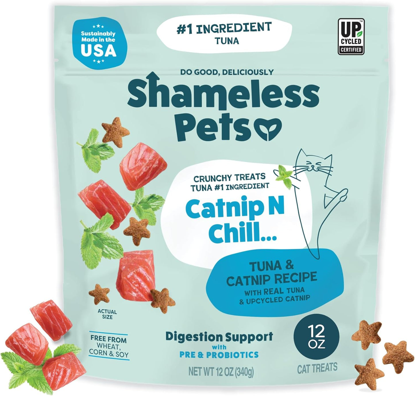 Shameless Pets Crunchy Cat Treats - Catnip Treats for Cats with Digestive Support, Kitten Treats with Real Ingredients, Natural & Healthy Flavored Feline Snacks - Catnip N Chill Tuna, 12 oz