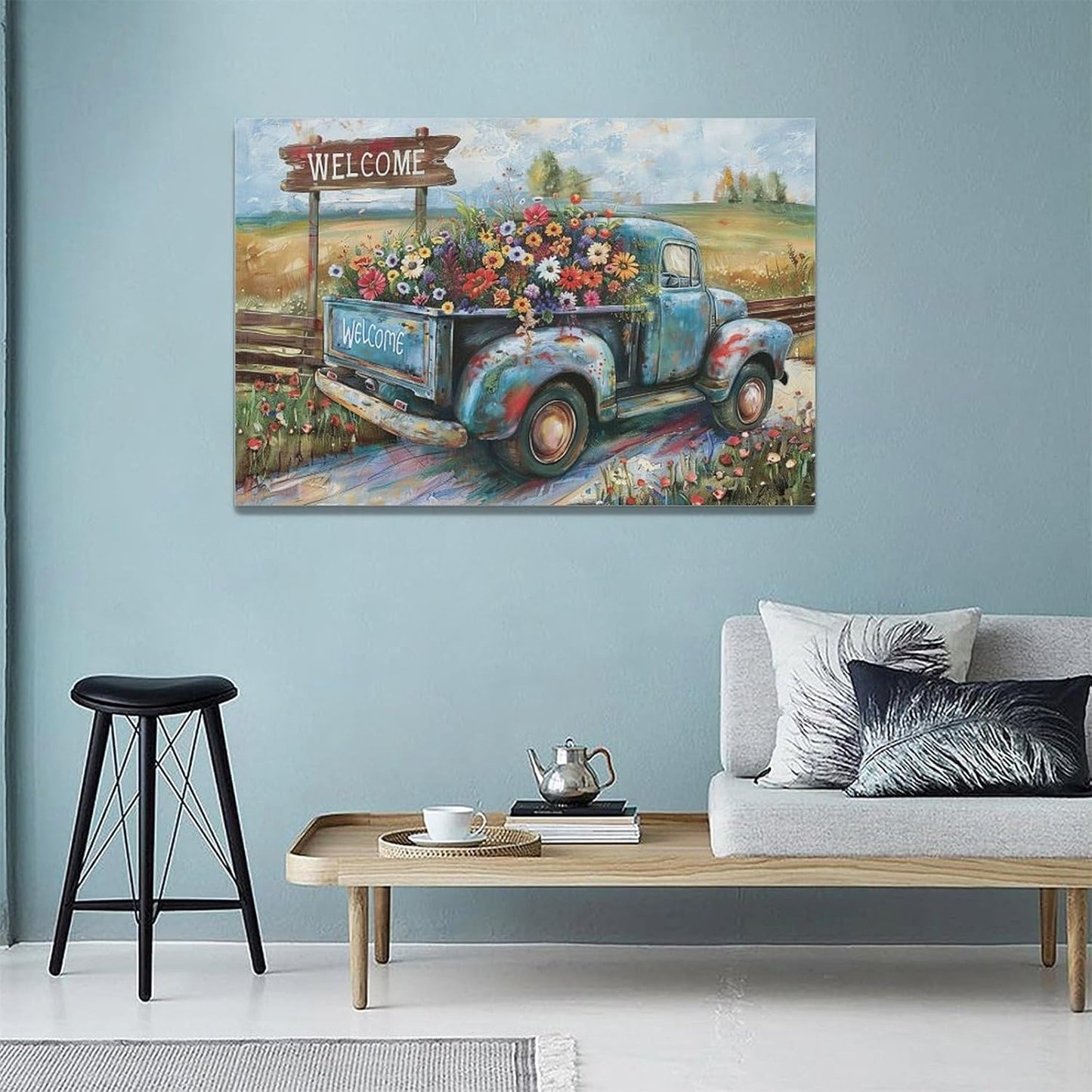 Farmhouse Truck Wall Art Rustic Country Wildflowers Wall Decor Road Flowers Landscape Pictures Canvas Print Painting Artwork for Bathroom Living Room Bedroom 16"x24"