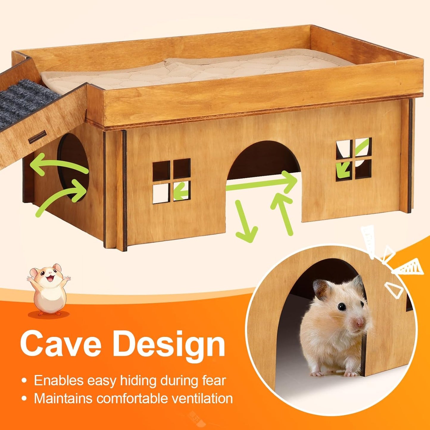 Wooden Guinea Pig Hideout, Large Hamster Hideout, Small Animal House Habitats with Stairs, Upgraded Pets Hut Castle for Guinea Pig, Bunny, Chinchillas, Hamster, Rabbit