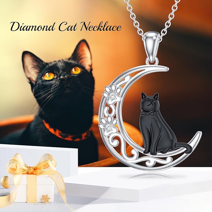 Diamond Black Cat Necklace for Women 925 Sterling Silver Cat on Moon Necklace Pendant Black Cat Jewelry Gifts for Women Mom Wife Girlfriend Daughter Girls
