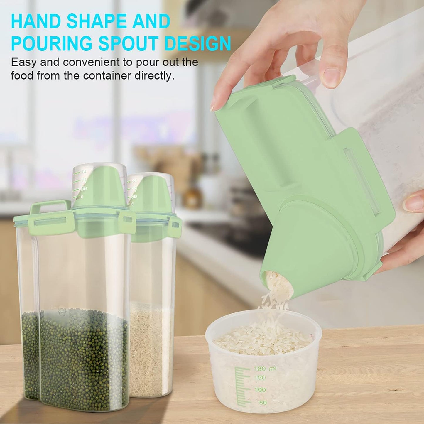 Rice Airtight Dry Food Storage Containers, BPA Free Plastic Storage Bin Dispenser with Pourable Spout, Measuring cup for Cereal, Flour and Baking Supplies, Include a Stainless Steel Whisk