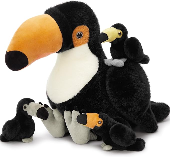MorisMos 24" Giant Toco Toucan Stuffed Animal Mommy with 3 Baby Toucan Toys for Kid Girl Boy,Realistic Black Bird Plush with Baby Bird Toys Gift for Birthday,Tropical Rainforest Stuffed Animals Decor