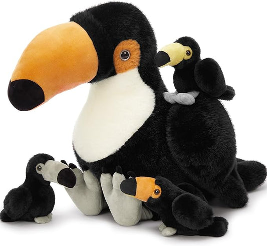 MorisMos 24" Giant Toco Toucan Stuffed Animal Mommy with 3 Baby Toucan Toys for Kid Girl Boy,Realistic Black Bird Plush with Baby Bird Toys Gift for Birthday,Tropical Rainforest Stuffed Animals Decor