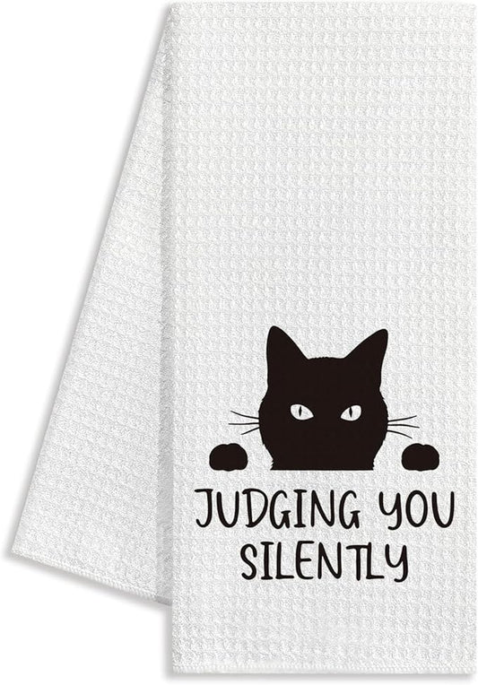 Judging You Silently,Funny Kitchen Towels,Dish Towels for Kitchen Decor,Funny Joked Themed Dishcloth,Black Cat Dish Towels,Housewarming Gift for Cat Lovers,Funny Kitchen Gifts