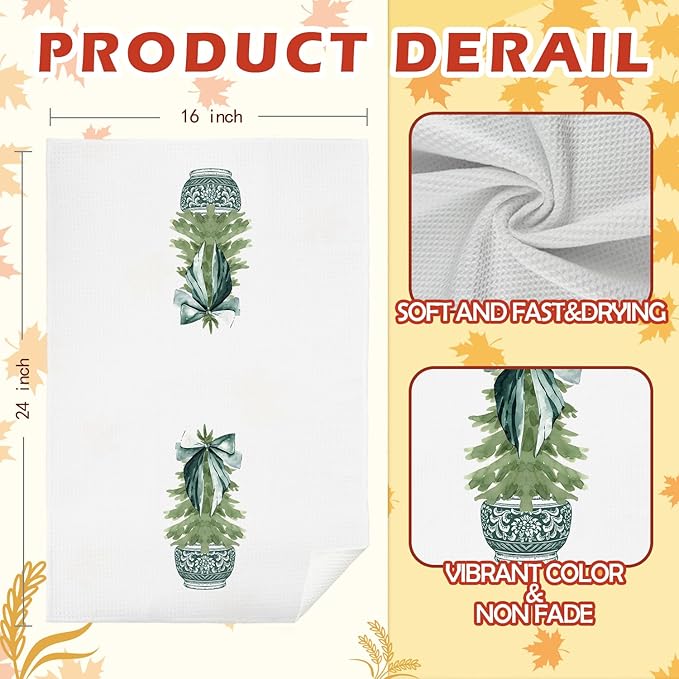 SPBL&L Chinoiserie Christmas Kitchen Towels, Dark Green Porcelain Chinoiserie Christmas Tree Hand Towels, Green Bow Christmas Dish Towels for Kitchen, Christmas Kitchen Bathroom Decor, 16x24 Inch