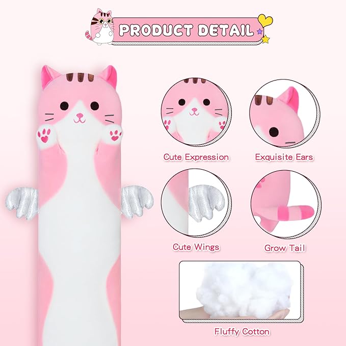 Long Cat Plush Body Pillow, Cute Cat Plush Toy Pillows with Wings, Stuffed Animals Kitten Soft Plushies Gifts for Kids Girls Girlfriend(Pink, 27.6in/70cm)