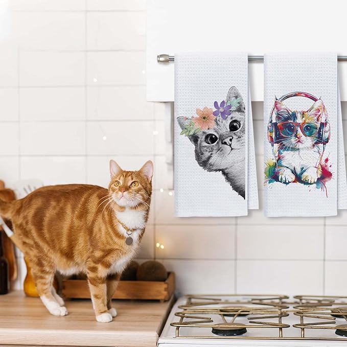 Cute Cat Kitchen Dish Towels Set of 2 Cats Decoration for Cat Lovers Cat Kitchen Accessories Cat Mom Gifts for Women Cute Towels Decorative Set for Kitchen & Bathroom 16×24 Inch