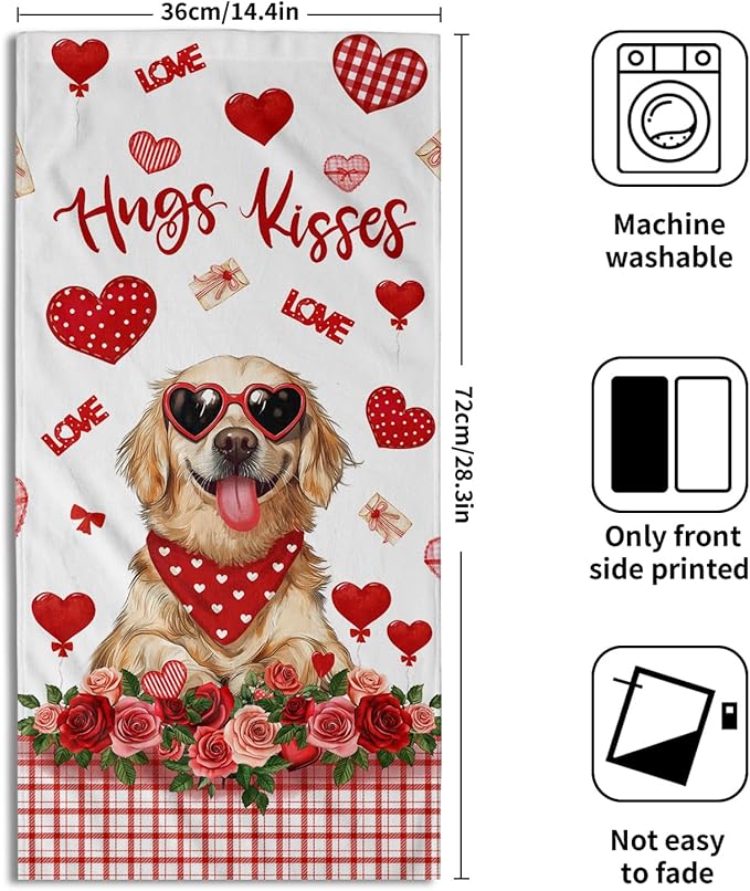 Giwawa Valentine Dog Hand Towels Set of 2 Hugs Kisses Dish Towels Soft Highly Absorbent Fingertip Towel for Home Bathroom Kitchen Hotel Spa
