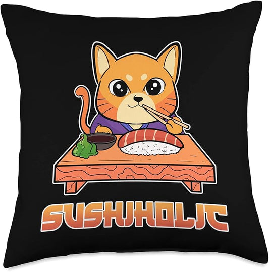Sushiholic Sushi Cat Anime Figure Seafood Foodie Manga Merch Throw Pillow