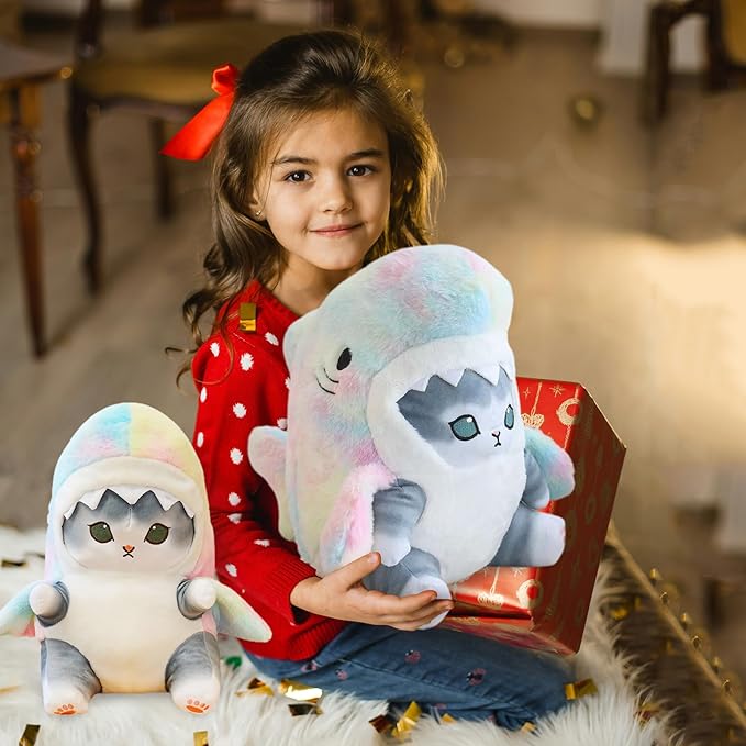 Kawaii Shark Cat Plush Toy Stuffed Animal Doll, Cute Soft Pillow Stress Release Hugs Toys Christmas Halloween Birthday Gifts for Kids Boys Girl Best Gift (Colorful - Gray,12 inch)