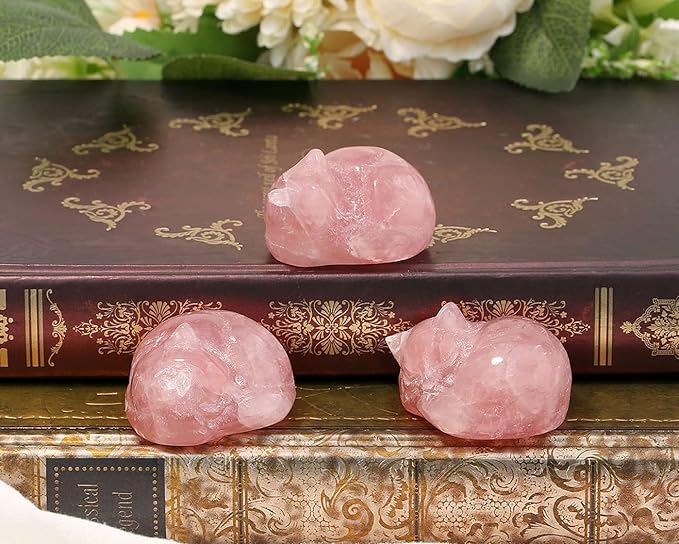 LAIDANLA Sleeping Cat Statue Pink Rose Quartz Healing Gemstone Hand Carved Cute Kitten Statue Figurine 1.6" Decor Polished Stone Reiki Bedroom Office Desk Home Decoration Gifts