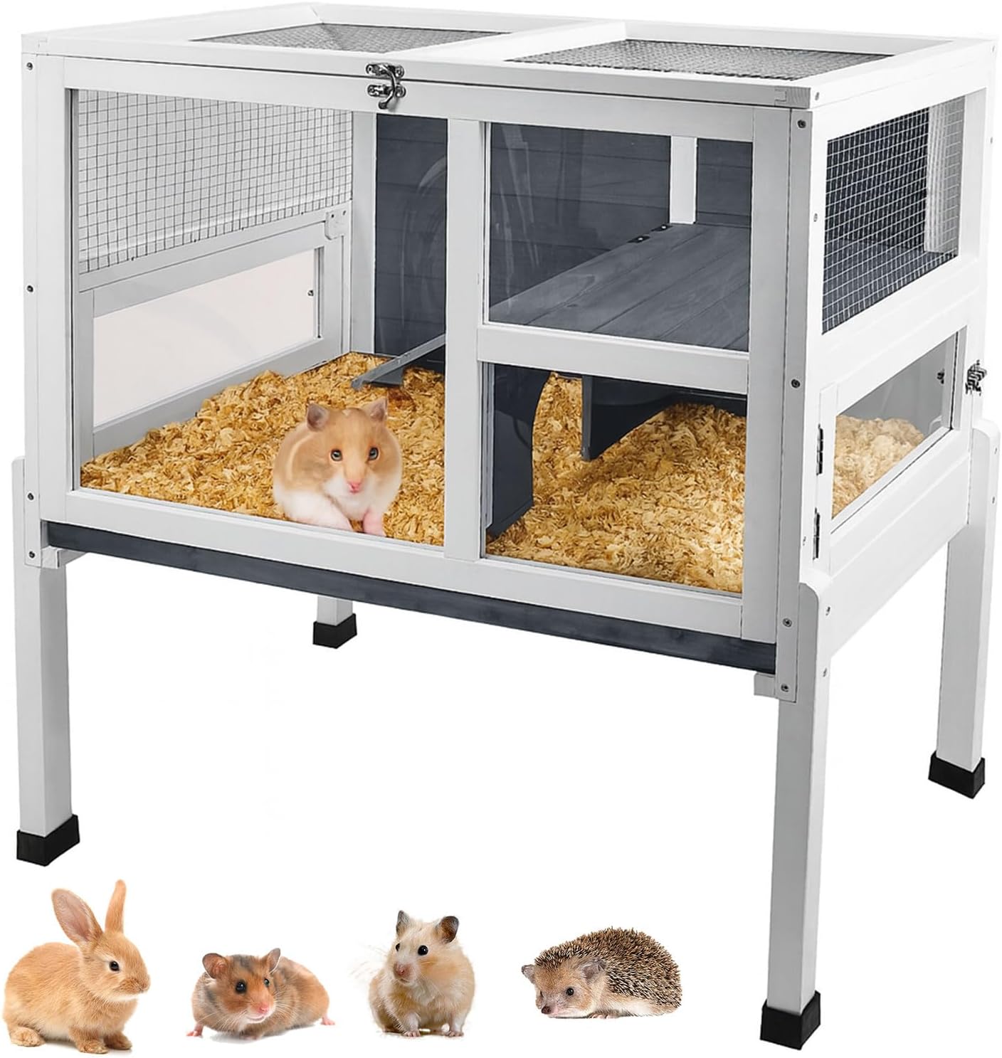 2-Story Guinea Pig Cage with Stand, Indoor Wooden Hamster Cage with Ramp, Pull-Out Tray, Hideout & Platform, Acrylic Transparent Small Animal Habitat for Chinchillas, Ferrets, Hedgehogs,Grey