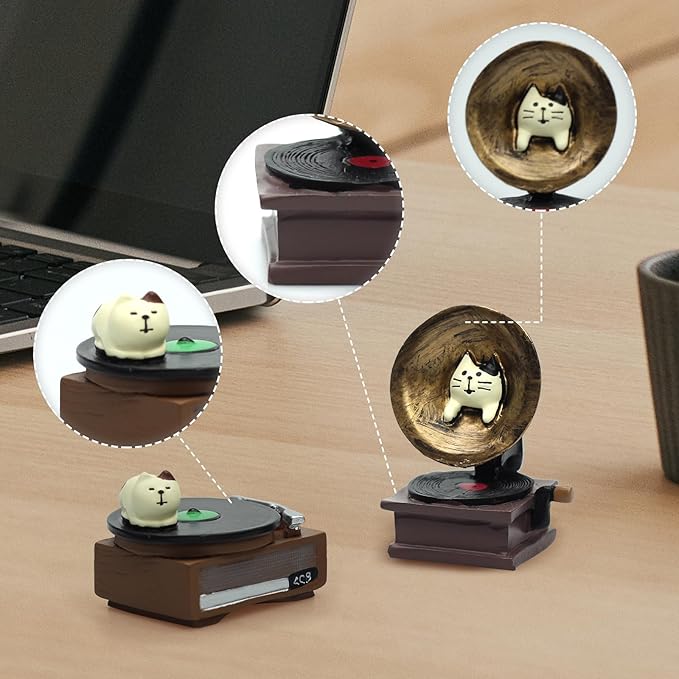 Cat Vintage Phonograph and Cat Record Player Figurine Suitble for Office, Home Decoration Perfect Cute Cat Gift for Cat Lovers