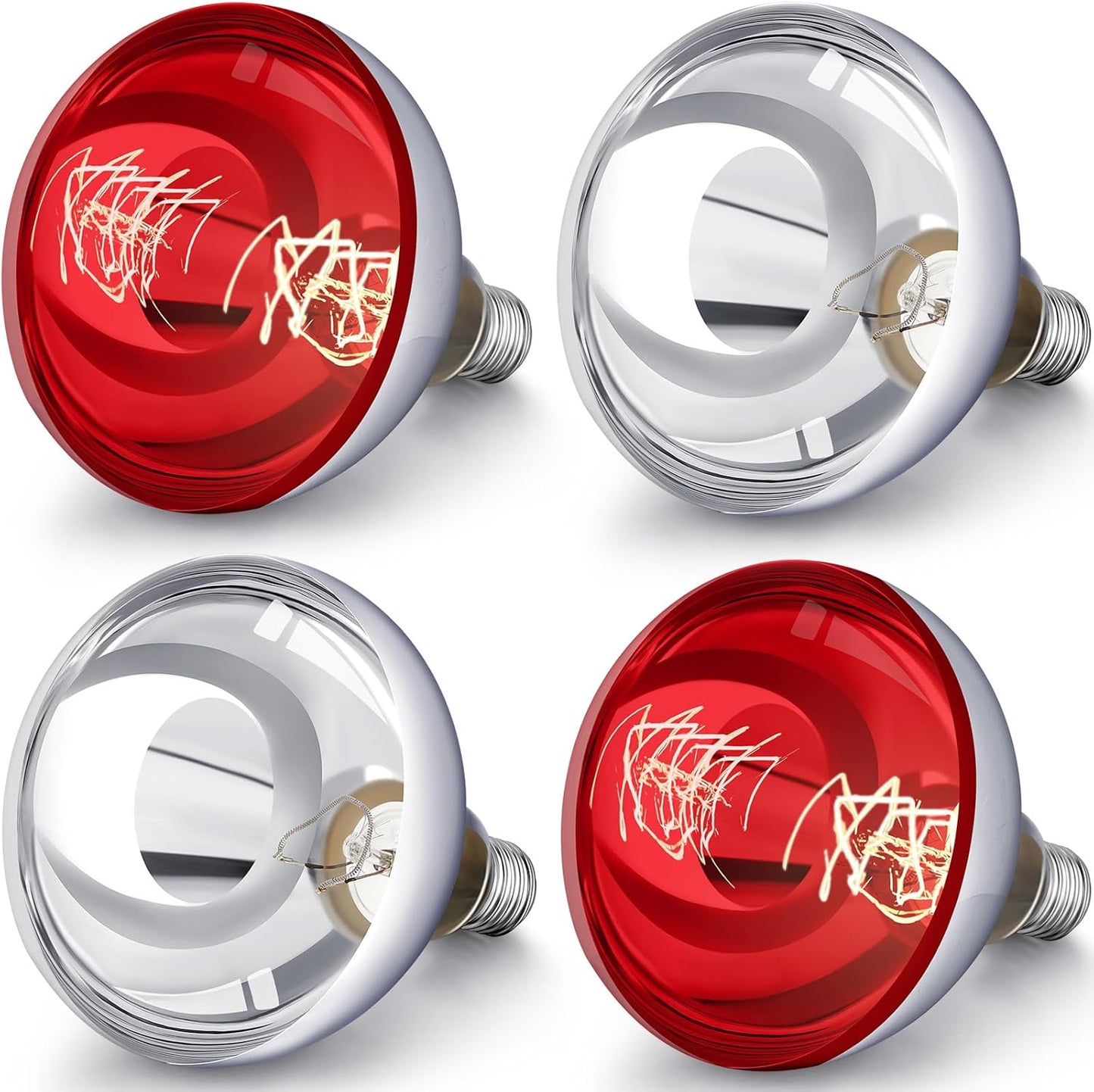 VIHOSE 4 Pack 250 Watt Heat Lamp 120v R40 Heat Lamp Bulbs Glass Incandescent Light Bulbs Incandescent Heating Lightbulbs for Reptiles Chicks Food Puppies Bathroom, Use E26 Base (Silver,Red)