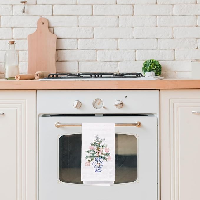 Chinoiserie Christmas Kitchen & Bath Towels, Pink Bow & Blue/White Dish Towels, 16x24 Inch