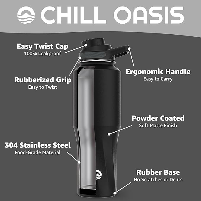 Chill Oasis Water Bottle | Compatible With Popular Flavor Cartridges | BPA Free, Leak Proof, Double-Walled Vacuum Insulated Stainless Steel, and Dishwasher Safe | Cold for 24 Hours (Black, 32oz)