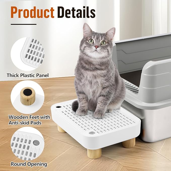 Cat Litter Box Step Ramp, Cat Litter Catcher Mat with Wooden Feet, Filter Function, Cat Pedal Stool for Self-Cleaning Cat Litter Box, Ideal for Kitten & Elderly Cats (White)