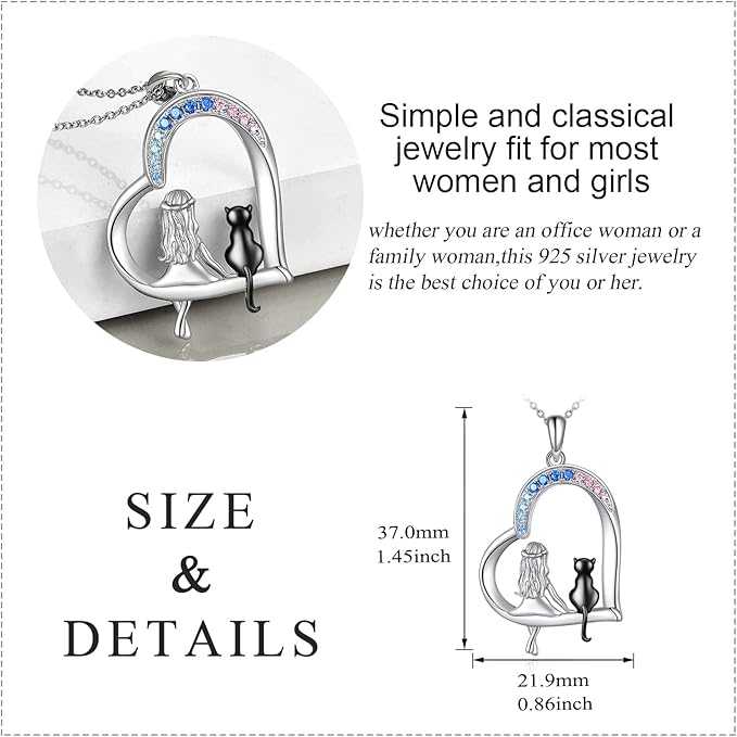 LUHE Cat Necklace Gifts 925 Sterling Silver Black Cat Heart Pendant Necklace Jewelry for Women Daughter