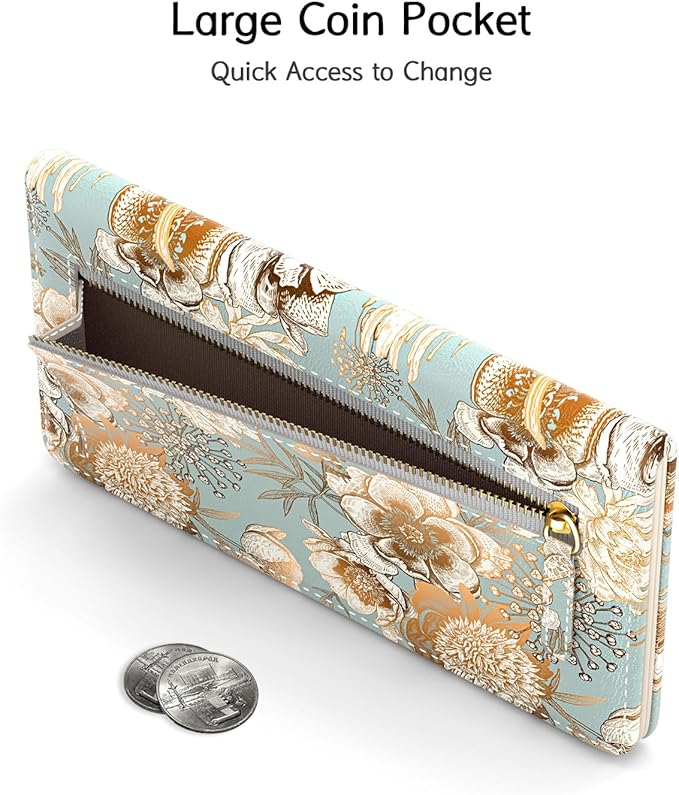 Nipichsha Womens Wallet, RFID Slim Wallets for Women, Thin Ladies Credit Card Holder Purse, Cute Leather Bifold Clutch Billfold with 11 Card Slots & ID Window, Blooming Flowers