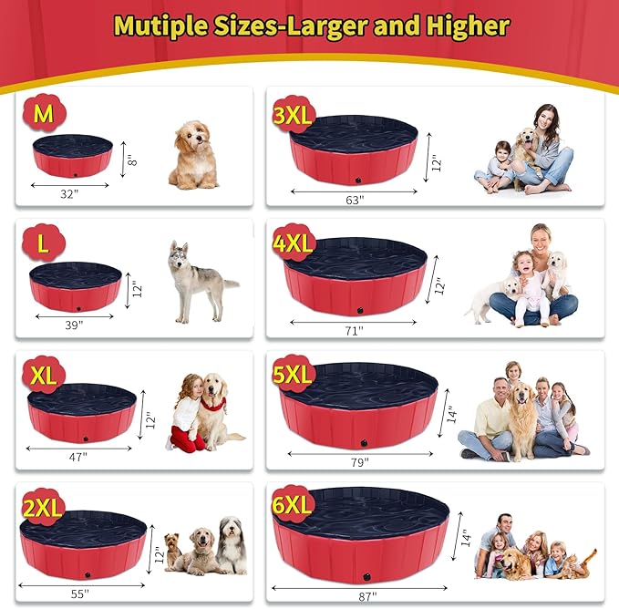 Foldable Dog Pool, 47" x 12" Kiddie Pool with Hard Plastic, Non-Slip Dog Bath Tub for Outdoor Backyard, Collapsible Dog Swimming Pool for Kids Dogs Pets (Red)