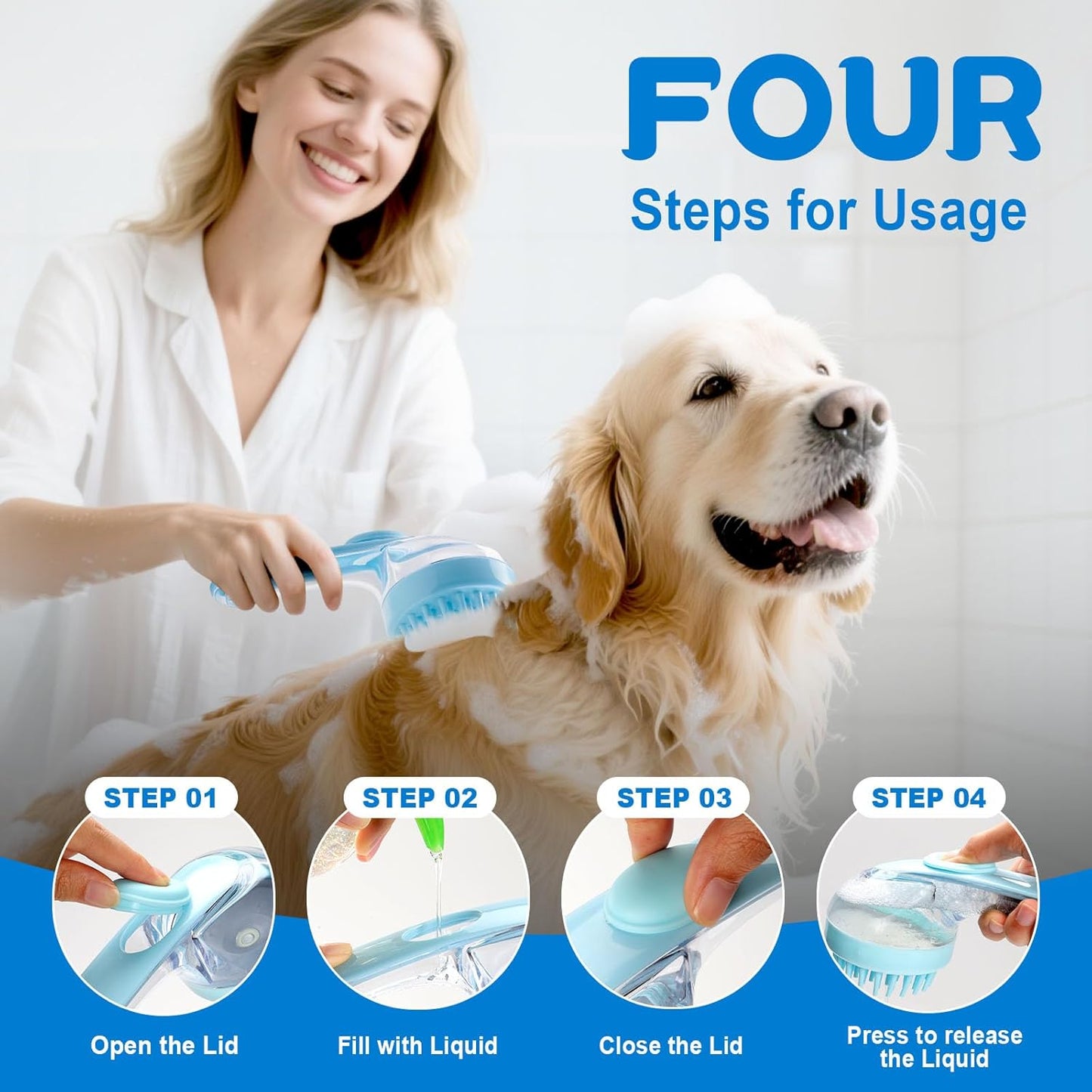 Dog Bath Brush, Silicone Pet Bath Brush with Soap Dispenser,Deep Cleansing & Gentle Massage for Dogs & Cats, Suitable for Long & Short Hair, Easy Grip, Bathing & Grooming(Blue)