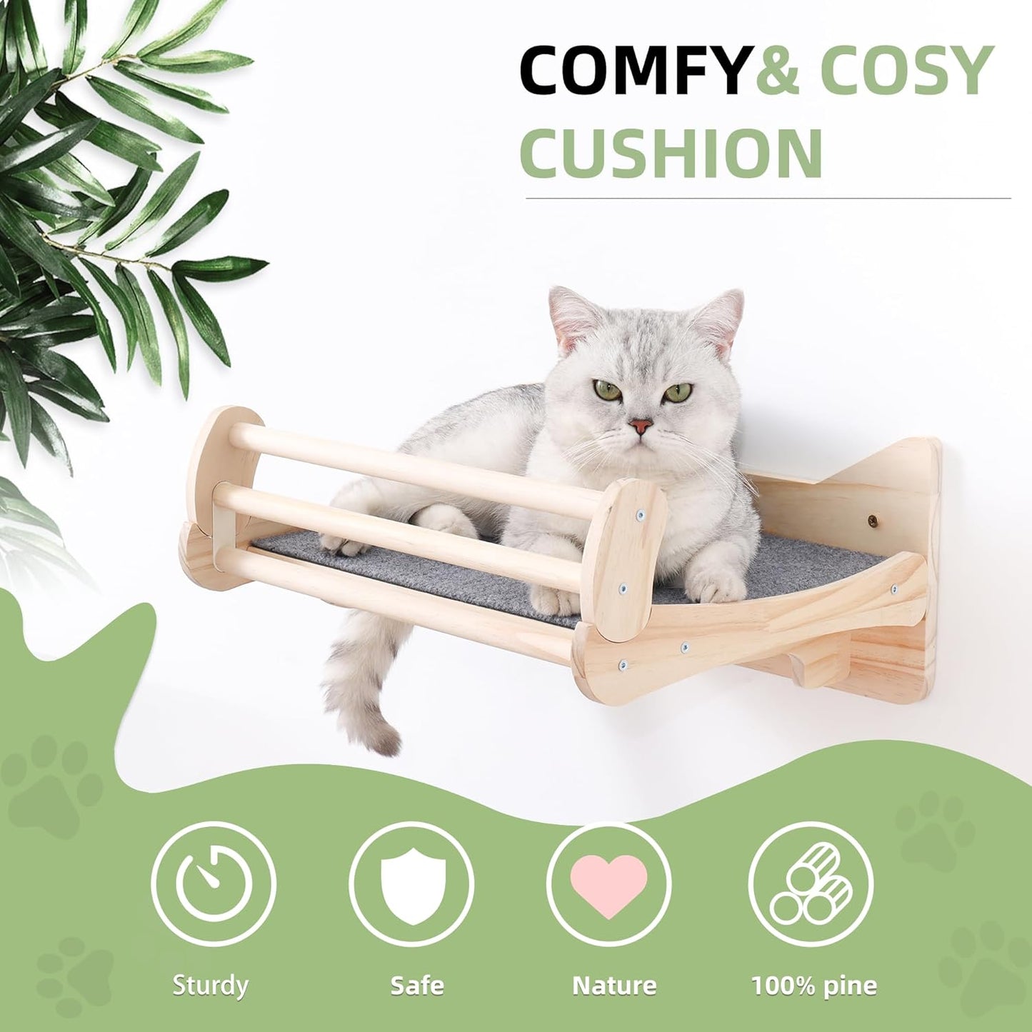 Pine Cat Wall Shelves with Scratch Mat, Wall-Mounted Cat Shelves, Space-Saving Shelf for Cats