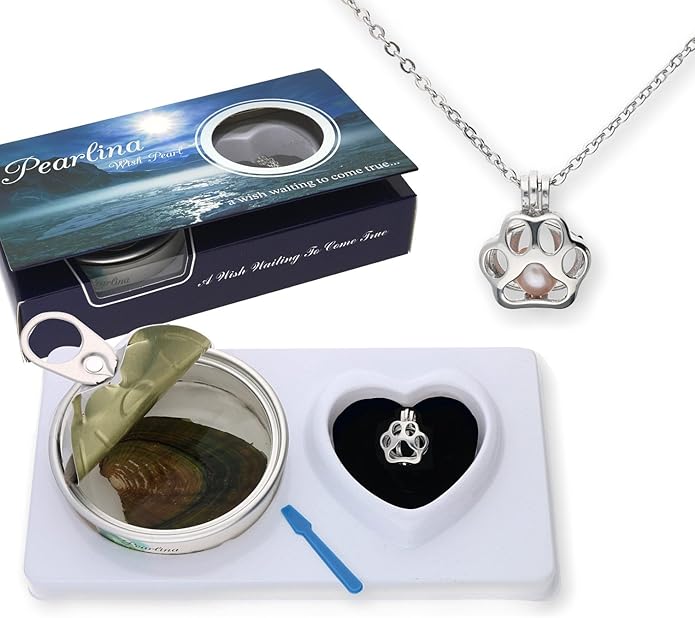 Pearlina Paw Print Cultured Pearl in Oyster Necklace Set Silver-tone Pendant w/Stainless Steel Chain 18"