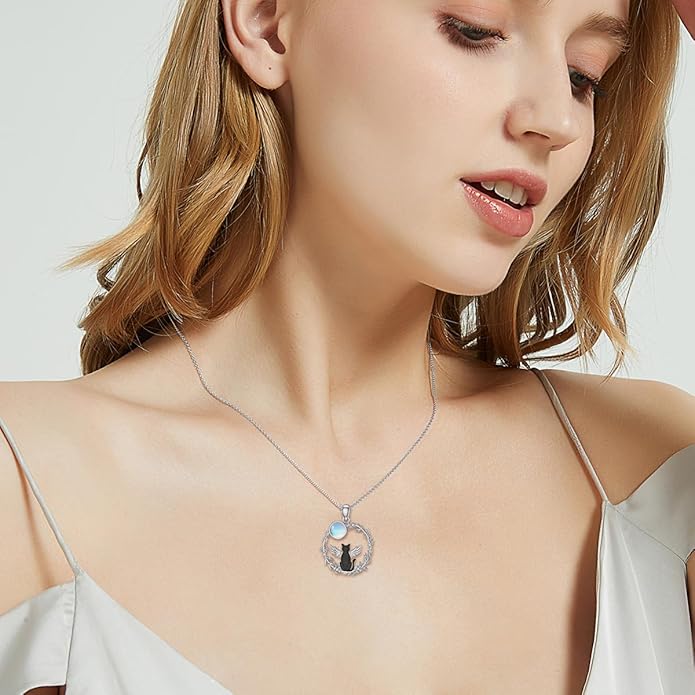 Black Cat Necklace for Women 925 Sterling Silver Moonstone Necklace Cat Pendant Necklaces Ladies Cat Jewelry Birthday Cat Gifts for Mom Cat Lovers