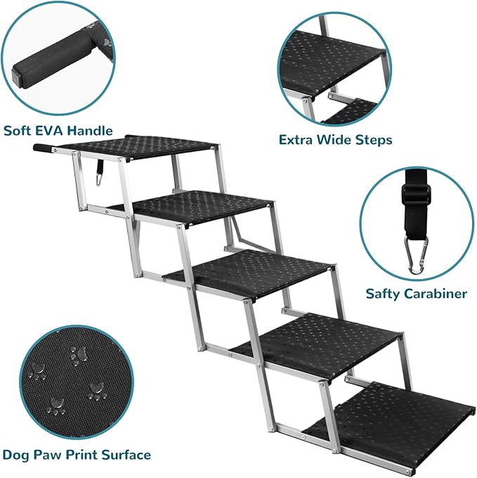 Extra Wide Dog Stairs for Large Dogs,Portable Folding Pet Stairs for Cars,SUV,Trucks,Dog Steps with Non-Slip Surface,Supports Up to 250 lb,5 Steps