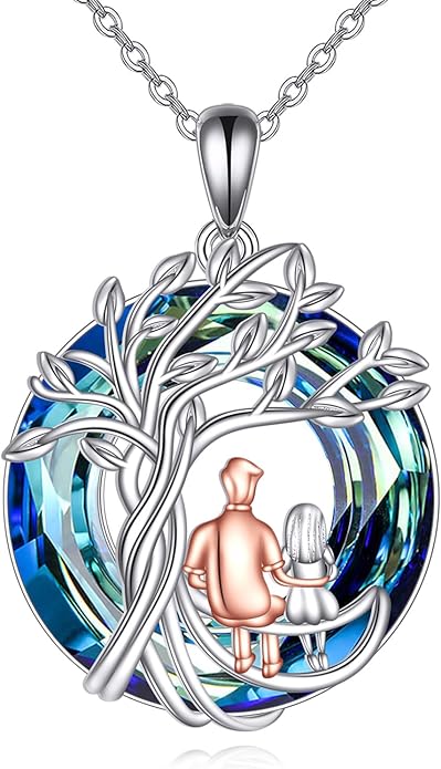 Tree of Life Necklace Sterling Silver Sister Pendant Blue Crystal Jewelry Gift for Women