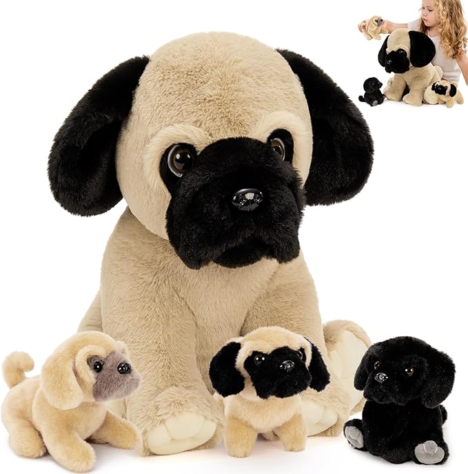 MorisMos Pug Dog Stuffed Animal with Babies,18'' Large Mommy Dog Push with Baby Puppy Toys for Kids,4Pcs Realistic Bulldog Toys for Girl Boy, Stuffed Pug Toy Gift for Birthday Christmas