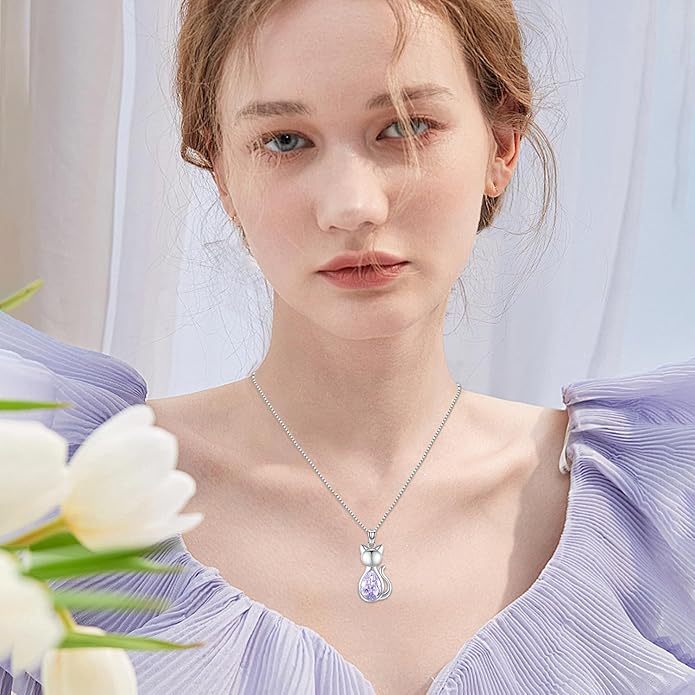 Odinstone Cat Birthstone Necklaces Jewelry Sterling Silver Cat Pendant Necklace Gift for Women Gifts, 18'' Silver Box Chain Women's Birthstone Crystal Cat Jewelry Gifts
