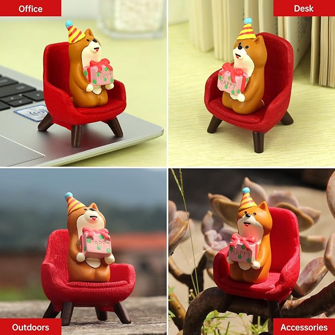 Cute Mini Puppy Holding a Gift - Resin Figurine for Office, Home Decoration for Dog Lovers - Red Sofa