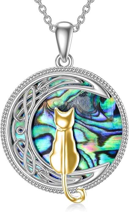 TOUPOP Cat Necklace Sterling Silver Abalone Shell Celtic Cat on the Moon with Abalone Shell Birthday Christmas Jewelry Gifts for Women