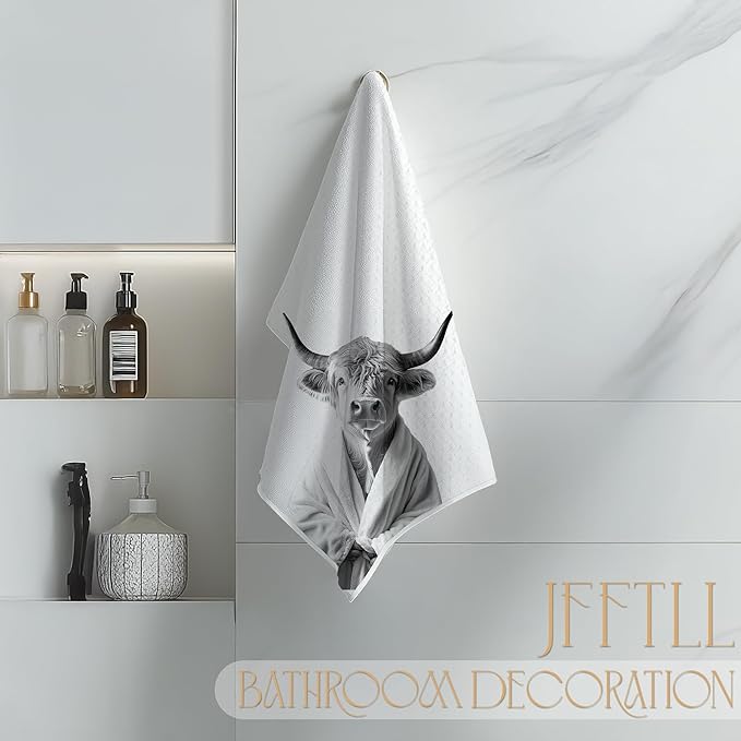 Funny Bathrobe Highland Cow Hand Towels for Bathroom Washroom Restroom Decor, Cow Lovers Gifts, Farmhouse Western Bathroom Hand Towels, 16x24 Inch