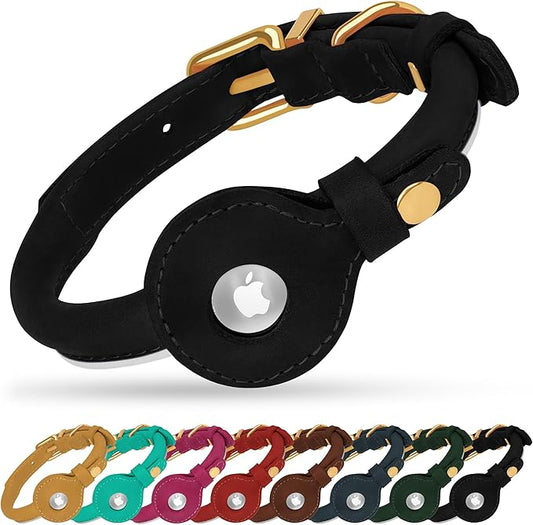 OOPSDOGGY Rolled Leather Dog Collar with Airtag Holder (Black, XS, 8"-11")