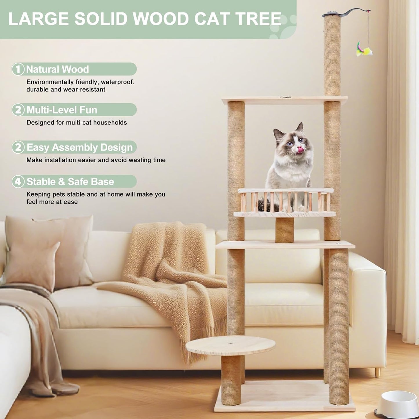 Wood Cat Tree 17” x 16”x 53” Modern Sturdy Cat Tower with Double Condos Hand-Woven Beds & Toys Multilevel Huge Paws Pals Tree Indoor Cat Furniture for Big Cats