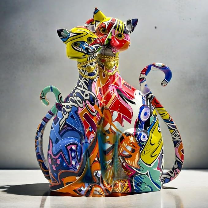 Colorful Cat Couple Lover Art Statue Figurine Sculpture, Cats Gifts for Cat Lover, Office Home Decor, Desk Accessories