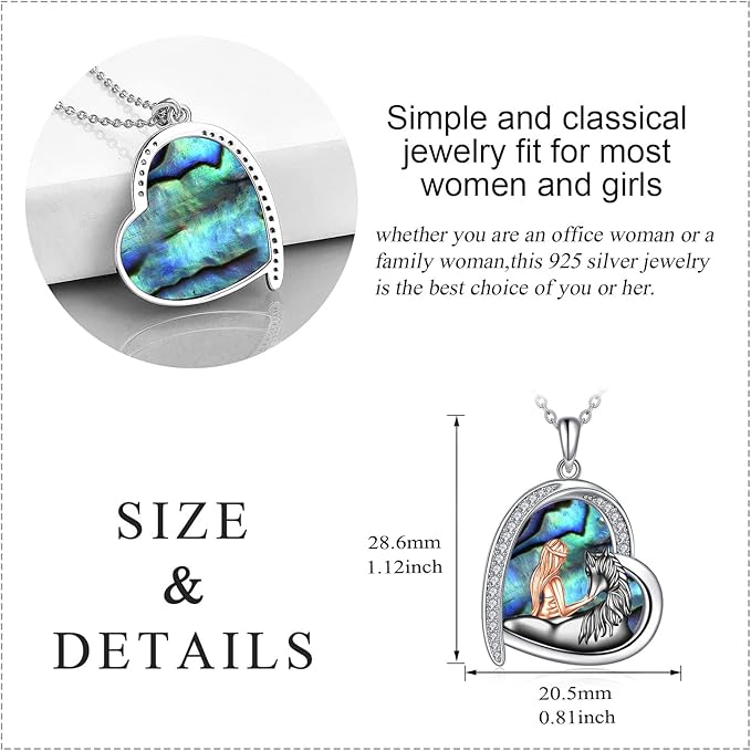 Sterling Silver Horse Necklace for Women - Abalone Love Heart With Black Pendant - Christmas Jewelry Gifts for Horse Lovers