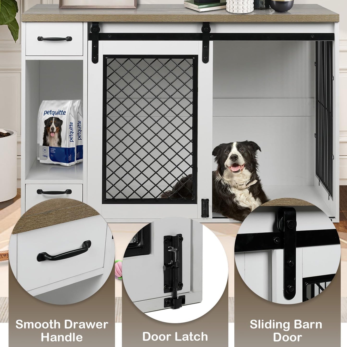Large Dog Crate, Dog Crates for Medium Dogs, 47.2" Dog Kennel Indoor with Drawers, Feeder Bowls and Storage, 2 Sliding Doors, Heavy Duty Dog Crate Farmhouse Modern Side End Table for Small Medium Dogs